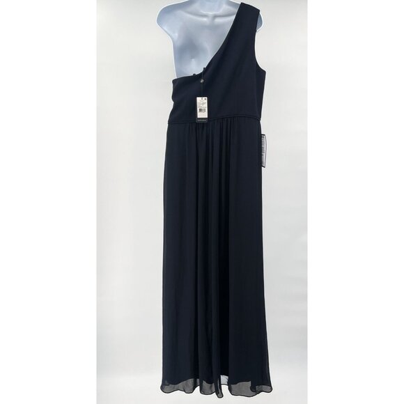 Adrianna Papell Chiffon One Shoulder Maxi Dress Gown Pleated Navy Blue 14 - Picture 5 of 14
